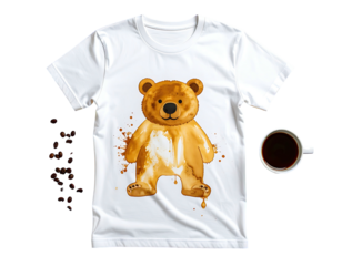 A white t-shirt featuring a teddy bear design with coffee stains. Coffee beans and a mug of coffee are placed beside it
