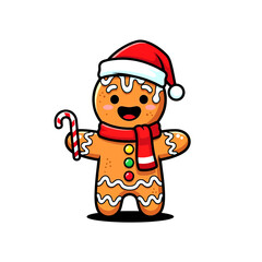 Fototapeta premium Cute Gingerbread Man Character with Santa Hat and Candy Cane Illustration