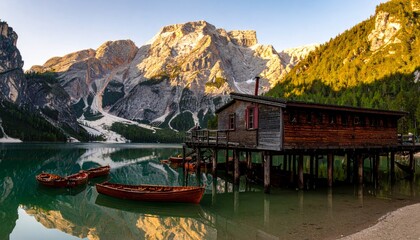 Tranquil mountain lake scene with wooden boathouse, serene boats floating, and golden sunlight illuminating majestic peaks at dawn.