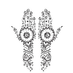 Henna Hands Vector — Black and White Illustration of Symmetrical Mehndi Design with Floral Motifs and Ornamental Detailing