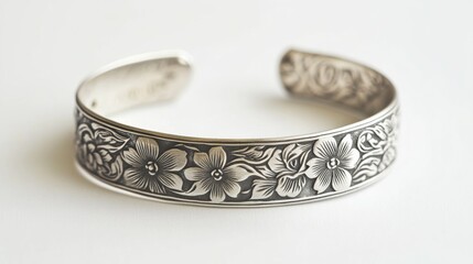 A handcrafted silver bracelet with engraved floral patterns displayed on a solid white background detailed etching visible under soft 