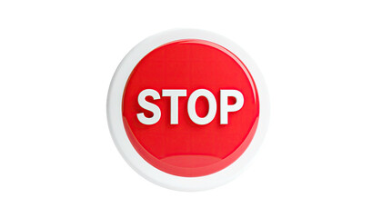 Circular red button with white border and bold "STOP" text, black background
