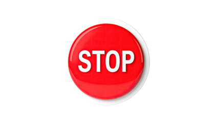 A glossy red button with the word "STOP" in white, set against a black backdrop