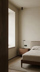 Minimalist bedroom with wooden bed, nightstand, and large window letting in natural light