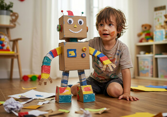 Joyful child proudly showcases handmade cardboard robot, sparking imagination and creative play in a bright, engaging room