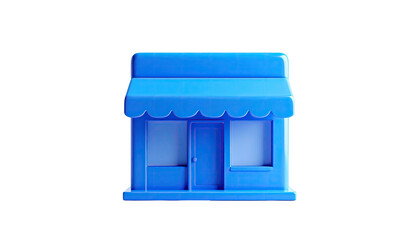 3D rendering of a stylized blue storefront icon against a stark black background