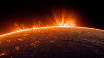 Solar surface with fiery plasma eruptions and radiant energy in a cosmic atmosphere