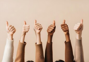 Six raised hands with different skin tones showing thumbs up gesture in unity and diversity concept on beige background