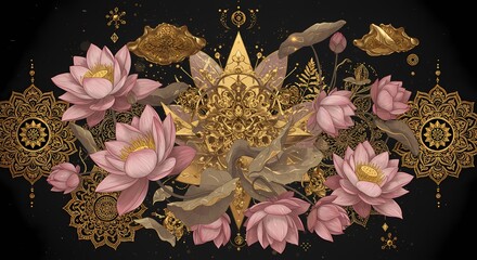 A golden floral background showcases the beautiful pink lily blossom of spring, with a vibrant yellow petal and fresh green leaves