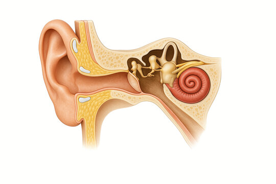 Detailed anatomical illustration of the human ear, showcasing the outer ear, middle ear with ossicles, and inner ear including the cochlea and semicircular canals.