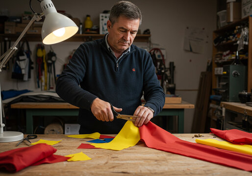 Skilled artisan meticulously crafts vibrant banner with fabric and scissors in a well-lit workshop creating festive decorations