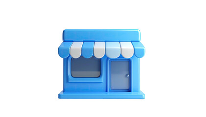 A stylized, 3D render of a blue shop with a white awning and a single door