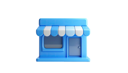A stylized, 3D render of a blue shop with a white awning and a single door