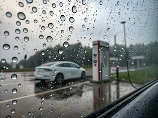 Close-Up of Raindrops on Electric Car Window with Charging Station Blurred in Background Sustainable Transport Concept