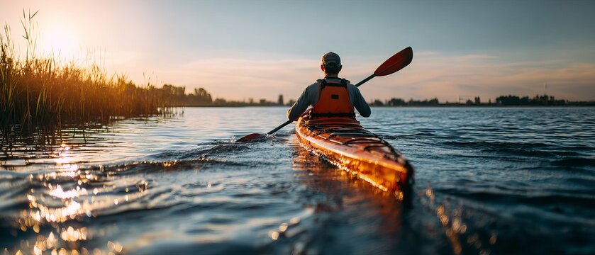 Kayaker paddles a serene lake at sunset