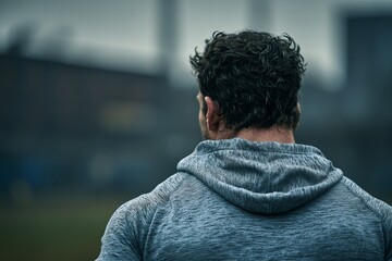 Rear view of a muscular man in a gray hoodie, out of doors.  Blurred industrial background