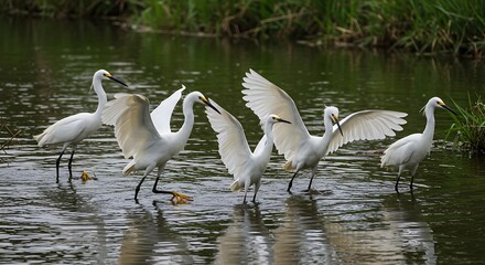 Fototapeta premium White egrets displaying wings in shallow water surrounded by greenery
