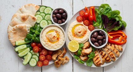 Freshly grilled chicken and salmon meals with healthy vegetable salads are delicious dinner dishes.