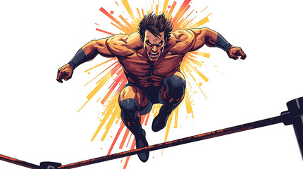 Dynamic Comic Style Wrestler Jumping From Ring Rope Illustration