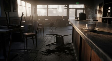 A moody cafe scene with chairs overturned and a cup of coffee on the counter, creating a sense of abandonment and mystery