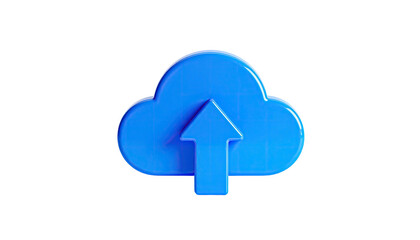 Glossy blue cloud with an upward arrow, suggesting data upload, on black background