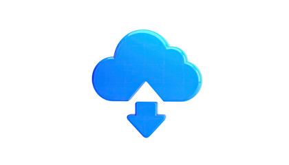 Blue glossy cloud with downward arrow icon on a black background, 3D rendering
