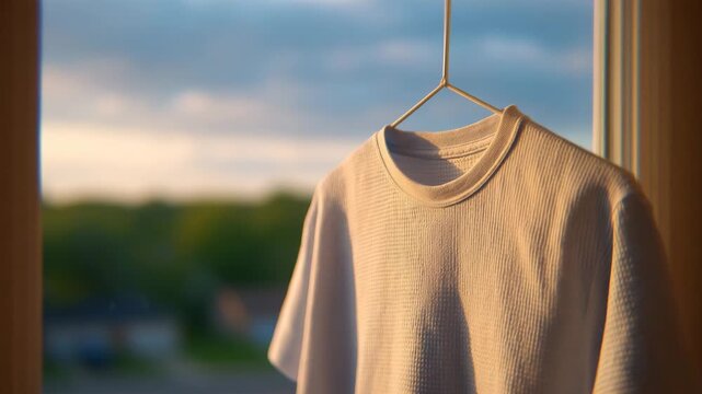 White t shirt with ribbed texture hanging on hanger by window, displayed in soft natural sunlight, peaceful and calm atmosphere, casual clothing style for summer morning, blurred outdoor background