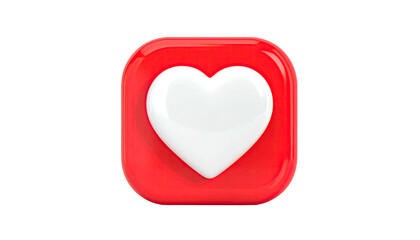 Glossy, white heart within a red, rounded-square button, isolated on black