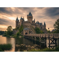 Obraz premium Enchanting castle scenery at dusk, with a bridge over a calm lake view