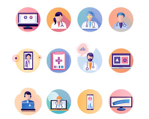 Icons depicting online medical consultations and healthcare professionals on devices