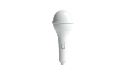 A white microphone with a spherical head and a cylindrical body, isolated on black