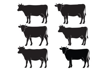 Monochrome Array of Silhouette Cows Depicting Dairy Livestock Farming and Agricultural Cattle Breeds for Milk Production and Animal Husbandry
