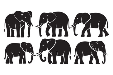 Illustrative Group of Elephants in Silhouette Featuring Different Poses and Trunk Positions Graphic Black and White