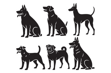 Monochrome Dog Silhouette Collection Featuring Various Breeds and Poses Including Sitting and Standing Dogs on a White Background