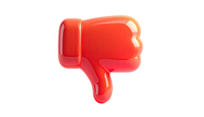Vivid red, 3D rendered thumbs-down symbol, glossy finish, isolated against black background