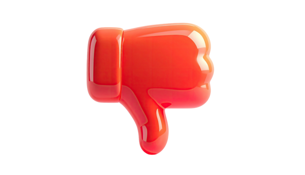 Vivid red, 3D rendered thumbs-down symbol, glossy finish, isolated against black background