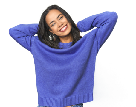 Simple portrait of a young Latina stretching arms, relaxed position.