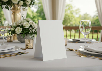 Elegant wedding reception table setting with blank place card ready for custom text and floral centerpiece