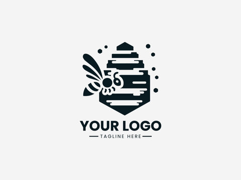 Detailed honey bee hive vector logo with hexagonal comb and active bees for community organization