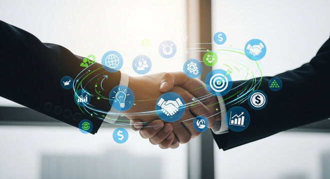 Business partnership handshake agreement collaboration success deal negotiation digital transformation