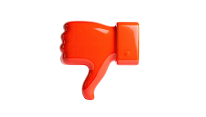 Glossy, orange hand gesturing a thumbs-down against a stark black background