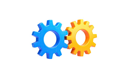 Two interlocked cogwheels, one blue and the other gold, on a black background