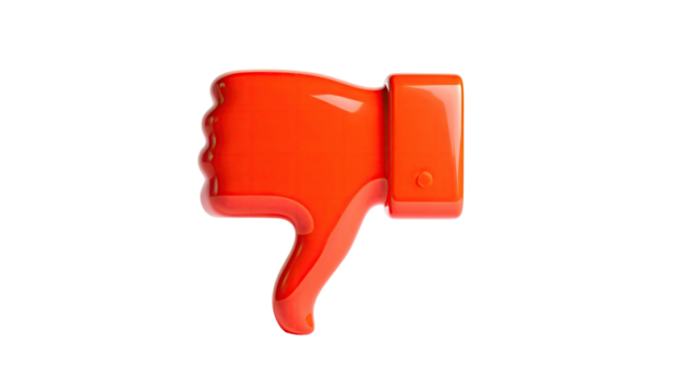 Glossy, orange hand gesturing a thumbs-down against a stark black background