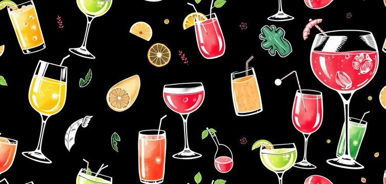 Seamless vector pattern of hand-drawn cocktails, juices, and wine glasses on a black background,   tropical,  drink