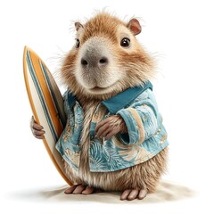 Capybara Surfer with Surfboard on Sandy Beach in Hawaiian Shirt Cartoon 3D Render