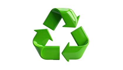 Shiny, green, three-arrow symbol against a black background, symbolizing reuse