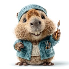 Beaver Mascot Holding Paint Brush Wearing Denim Jacket and Knit Cap on White Background