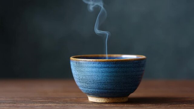 Steaming blue ceramic cup with hot tea, steam rising on rustic wooden table in minimal style, warm and calming atmosphere, cozy relaxation, soft focus, tranquil mood, perfect for calming tea moments