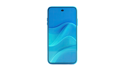 A smartphone against a black background, showcasing a wavy, blue screen