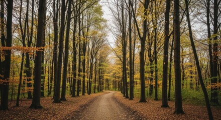 Fototapeta premium Autumnal forest pathway enveloped in serene foliage transition view